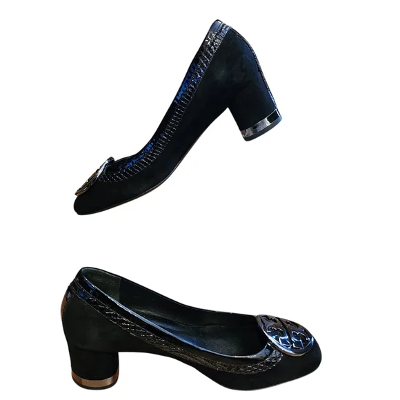 Tory Burch Women's Black Suede Heels Crocodile Embossed Trim Silver Sz 6.5 EUC - Picture 6 of 9